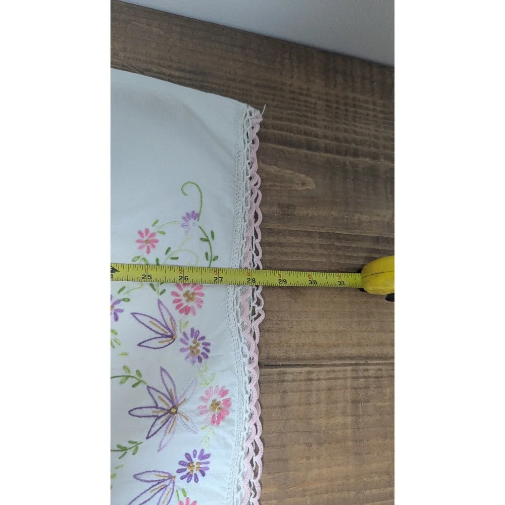 Vintage Hand Embroidered Floral Pillowcase Pink Purple White Crocheted Lace Trim
